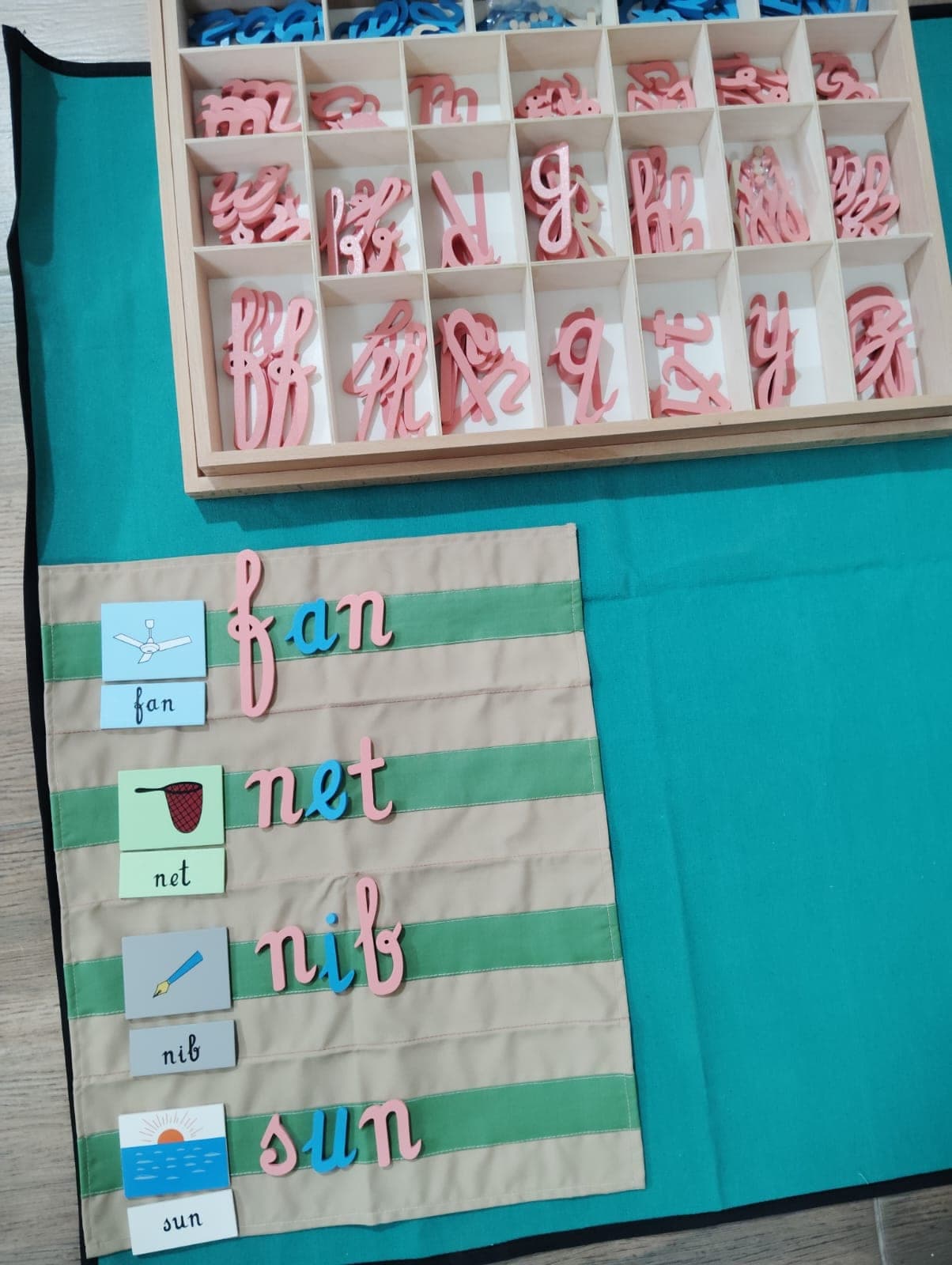 Word-building work laid out on the language mat